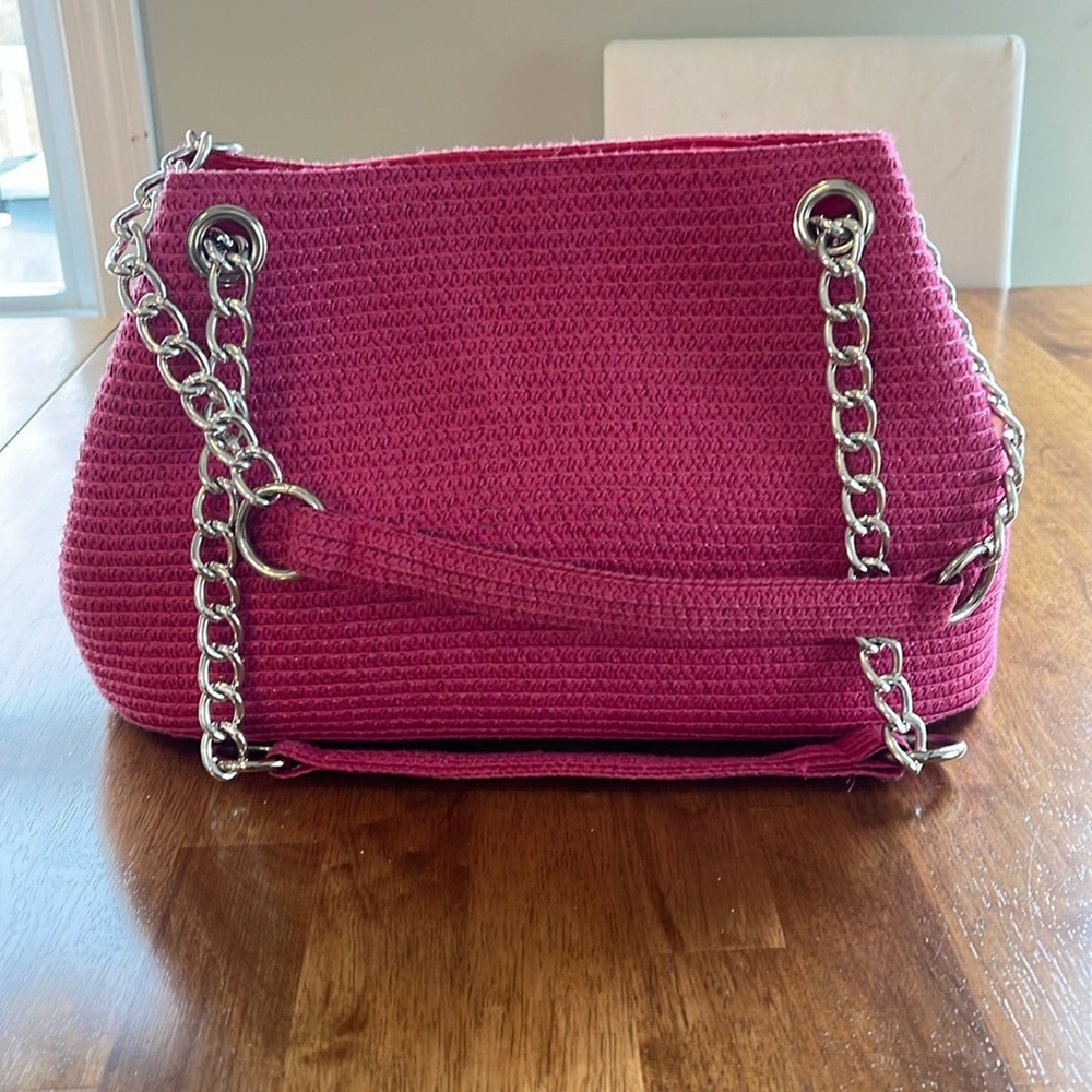 Women's Pink Straw Woven Silver Strap Shoulder Tote Bag